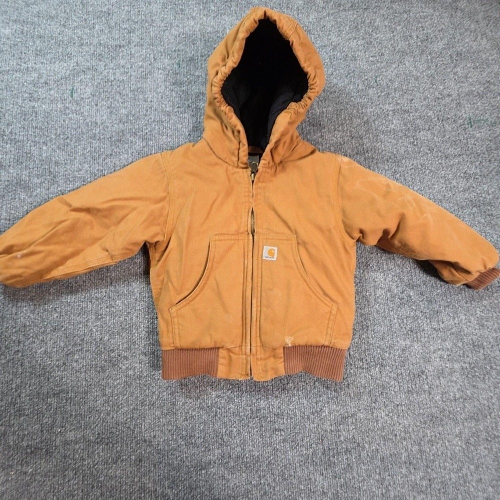 Carhartt Jacket Kids 2T Brown Canvas Hooded Full Zip Quilted Lined Workwear